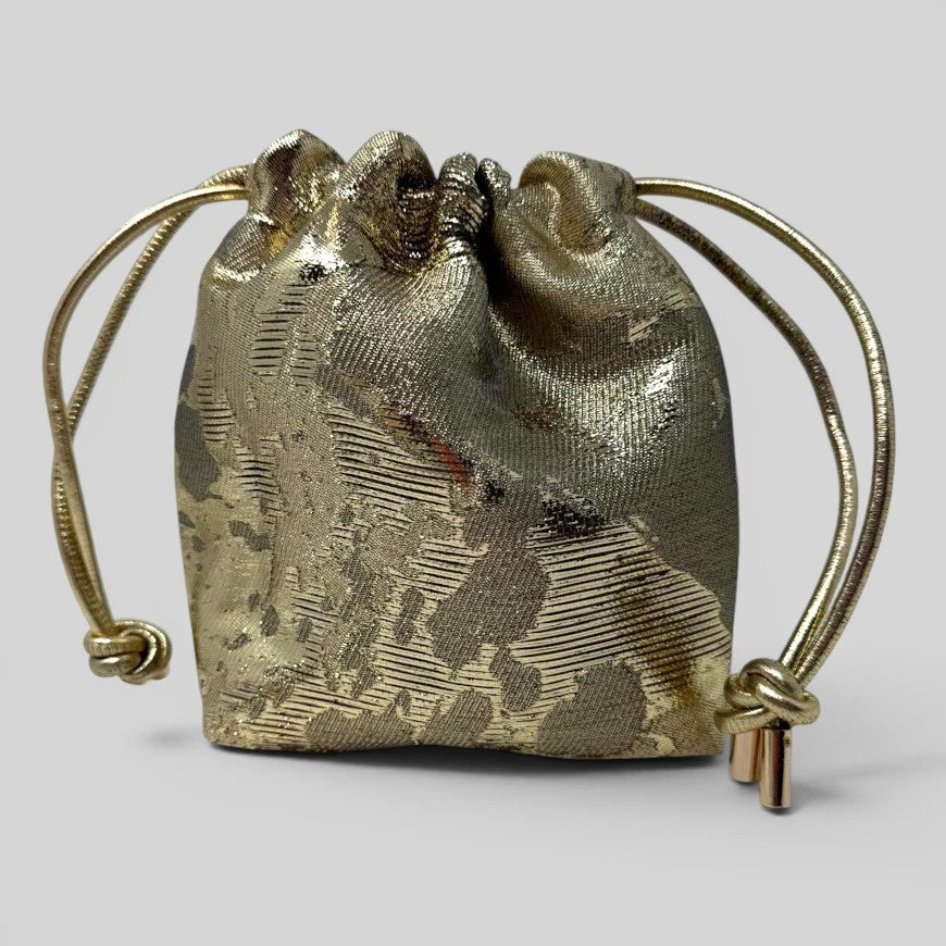 Prettysac gold textured drawstring pouch with metallic accents and gold cord closure. Ideal for jewelry, makeup, or travel.