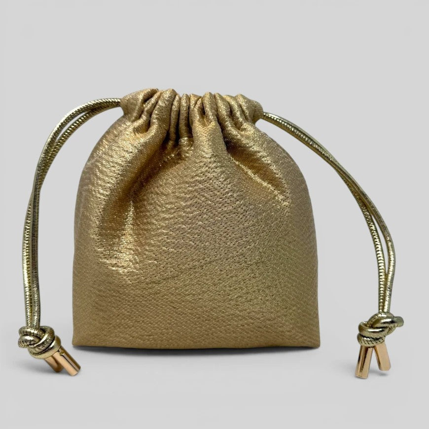 Prettysac gold textured fabric drawstring pouch with metallic gold cord and accents. Ideal for jewelry, makeup, or travel.