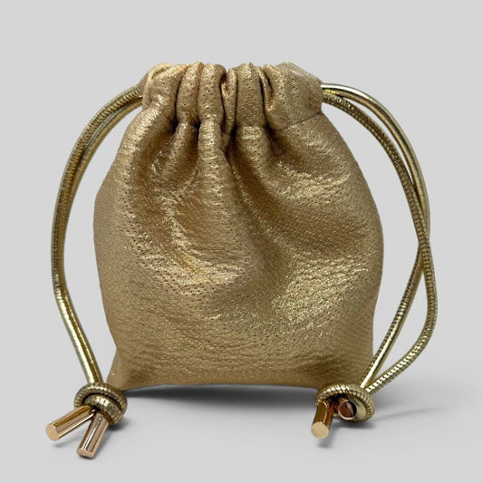 Prettysac gold textured fabric drawstring pouch with metallic accents and gold cord closure.