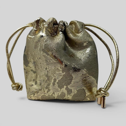 Prettysac gold textured drawstring pouch with metallic accents and gold cord closure. Ideal for jewelry, makeup, or travel.