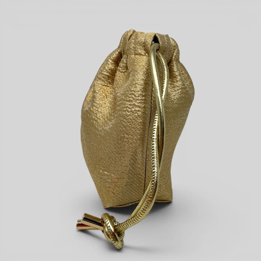 Prettysac gold textured fabric drawstring pouch with metallic accents and gold cord closure.