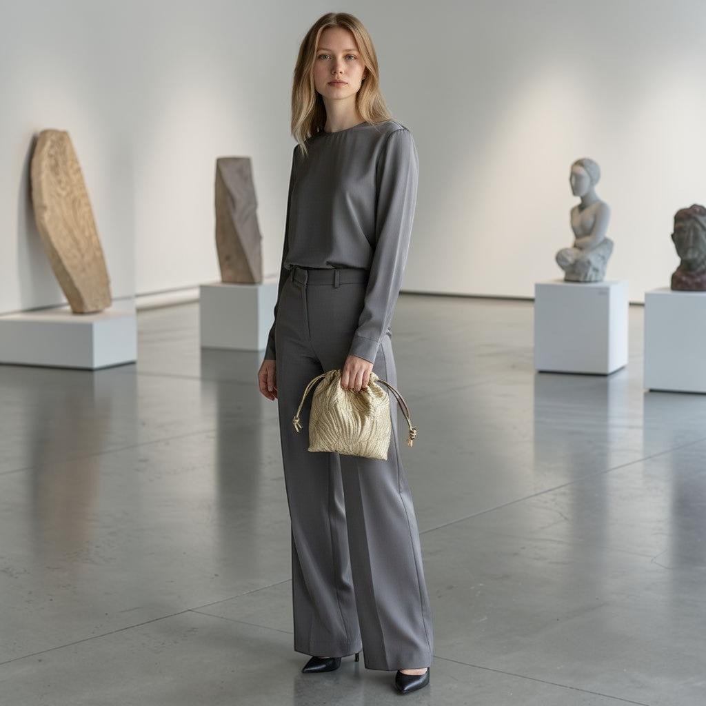 Prettysac gold textured drawstring pouch with embossed pattern and gold drawstrings, held by a woman in grey pantsuit.