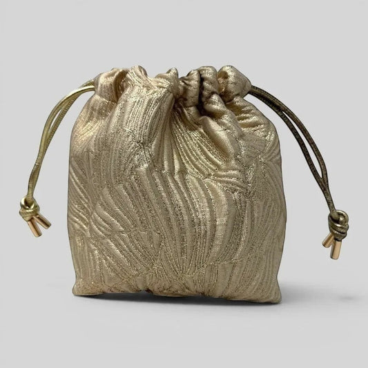 Prettysac gold embroidered drawstring pouch with embossed pattern and gold cord closure.