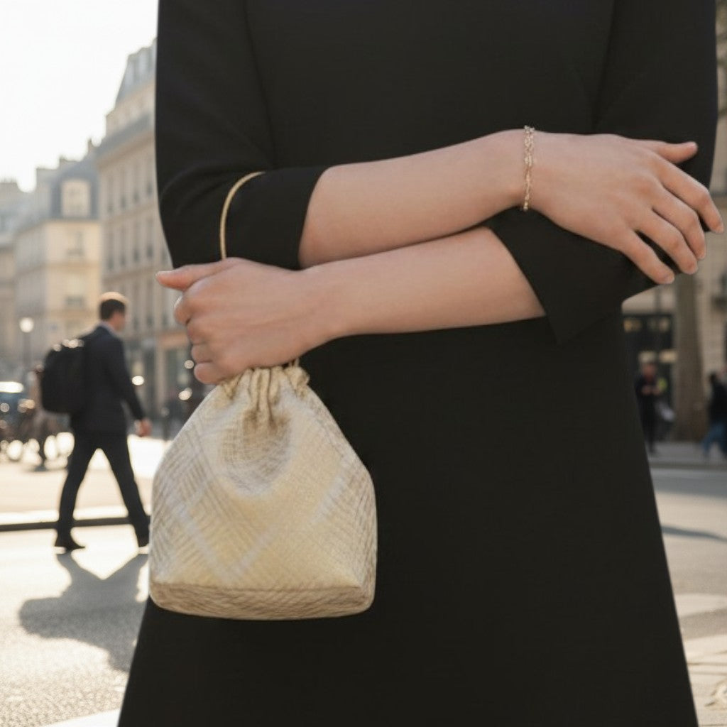 Prettysac ecru herringbone woven gold thread mini drawstring bag with gold leather cord. Model wears black dress.