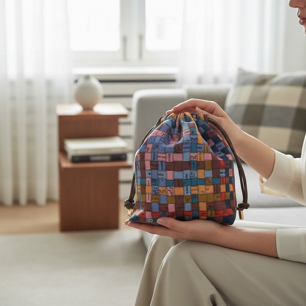 Prettysac Hermes Paris silk blend pouch with patchwork of equestrian motifs and stamps in earthy tones and pastels.