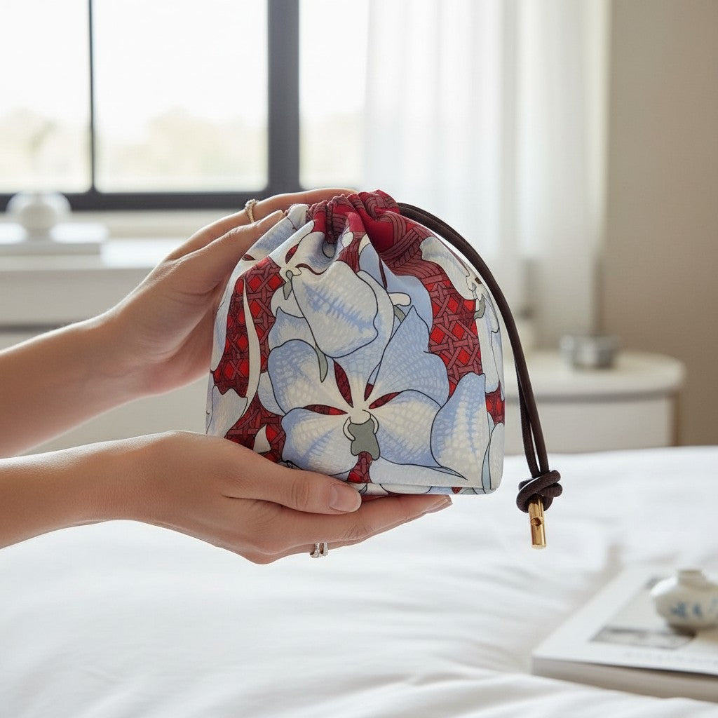 Prettysac Orchid drawstring pouch with sky blue, white, and crimson floral print, dark brown cords, and gold hardware.