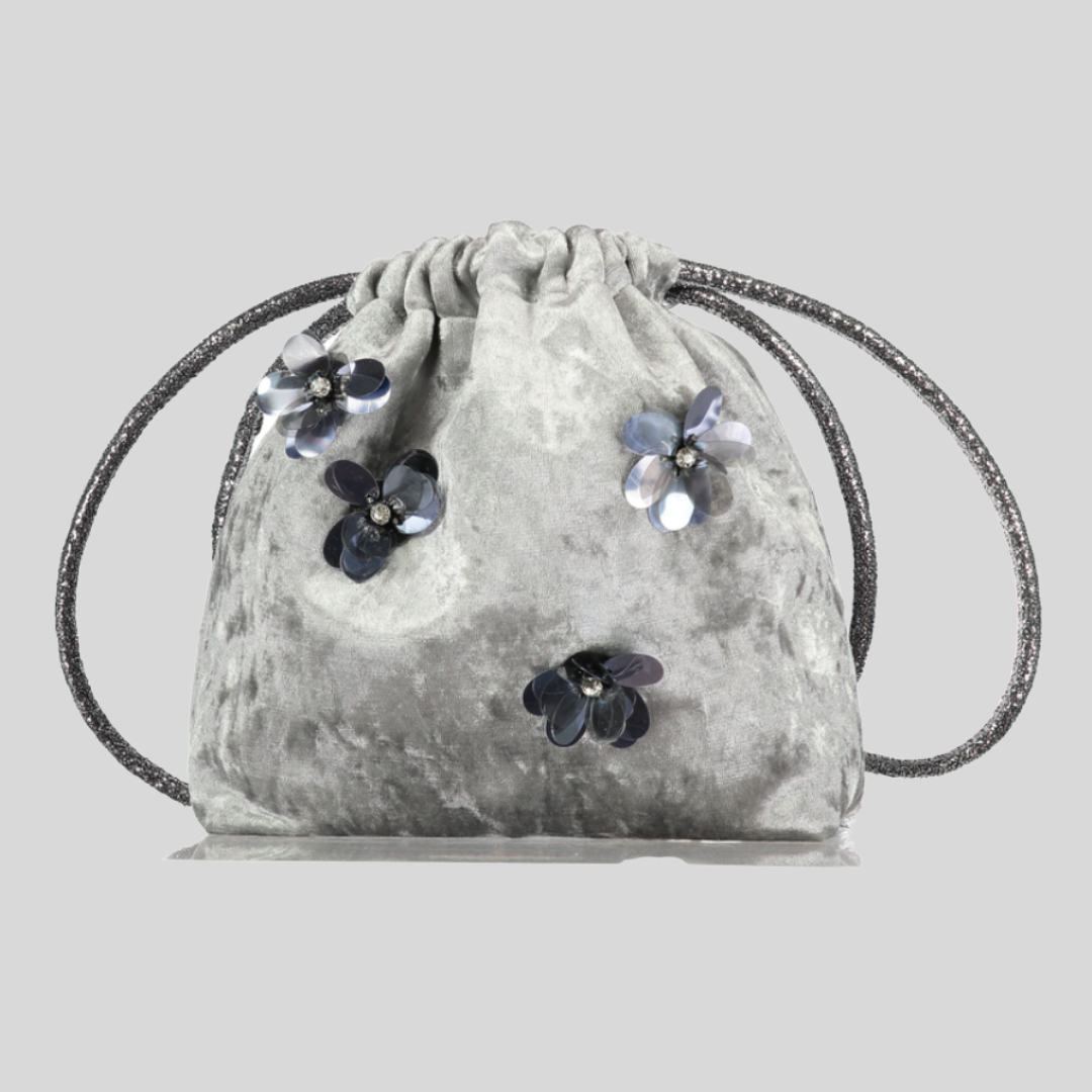 Silver Crushed Velvet Floral Prettysac