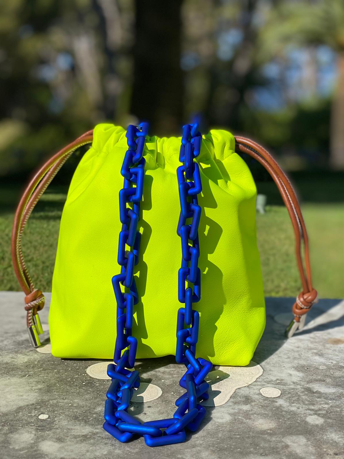 yellow neon leather drawstring bag
