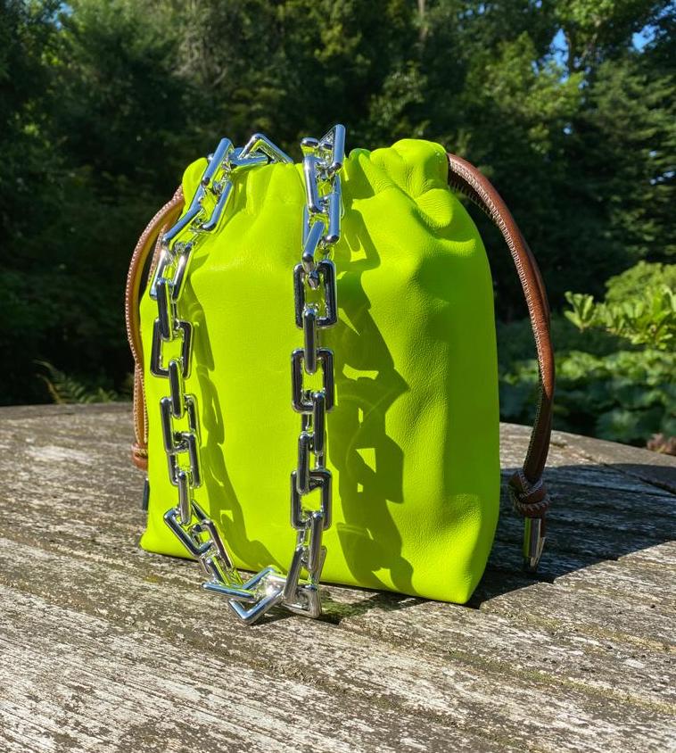 yellow neon leather drawstring bag